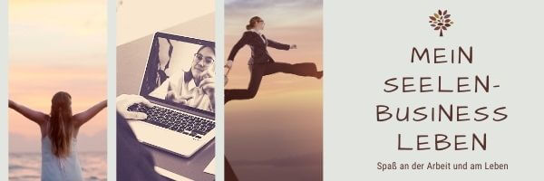 Header-Seelenbusiness Collage zum Thema Seelenbusiness, mit Computer, springendem Mann und entspannter Frau