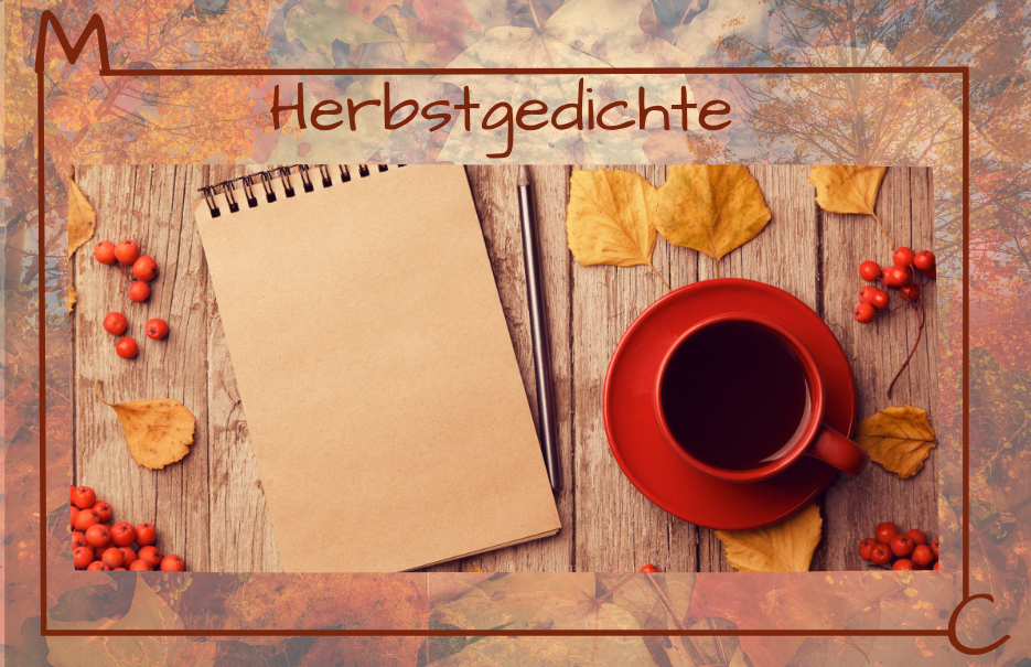 Foto mit Block, Kaffeetasse, Blätter als Bild für Herbstgedicht