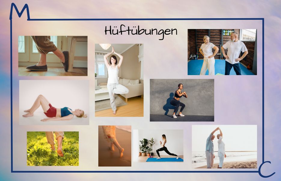 Hüftübungen, Collage mit verschiedenen Übungsfotos für die Hüfte